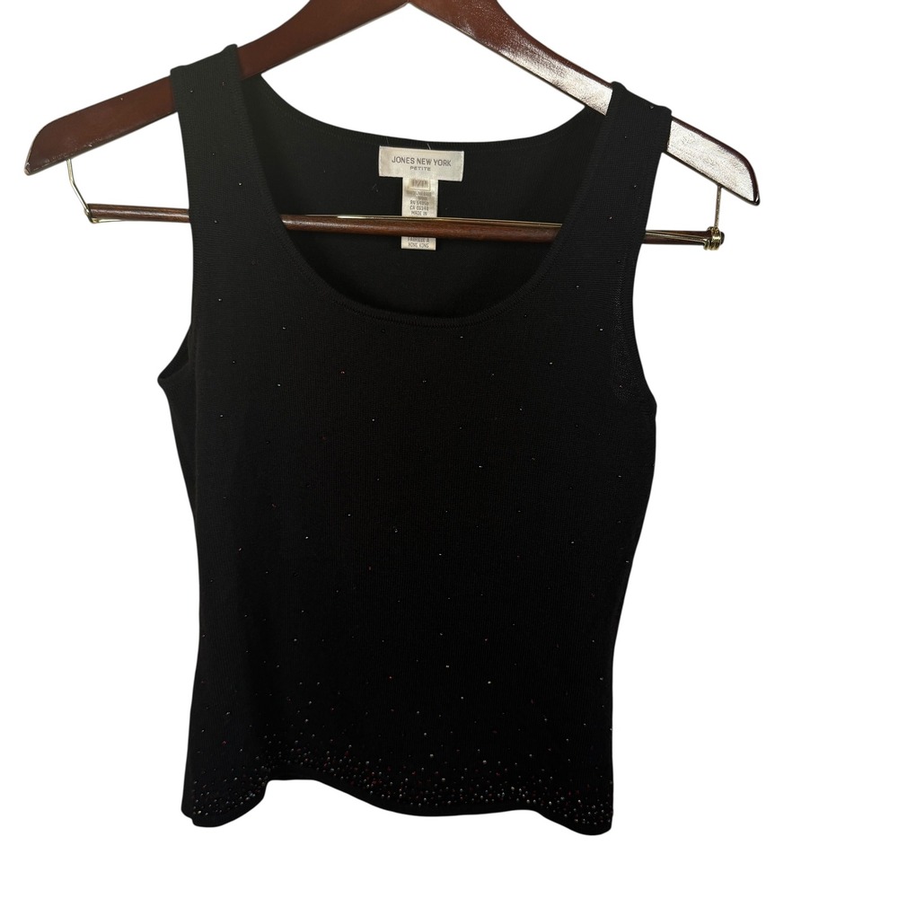 Jones New York Petite Black Merino Wool‎ Embellished Beaded Tank Top Preppy